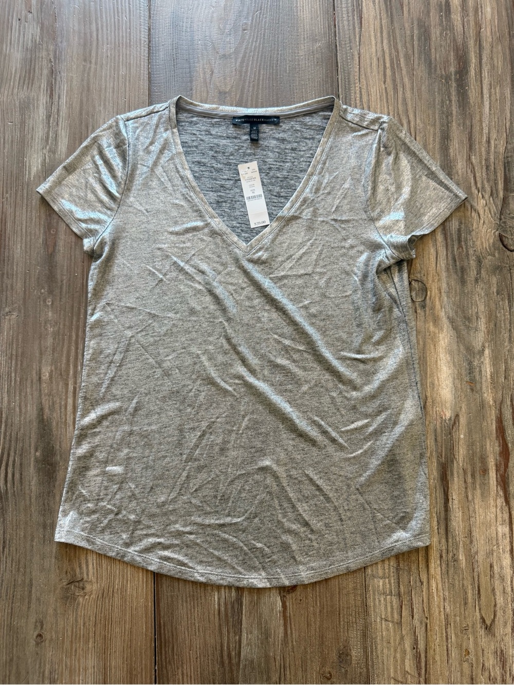 White House Black Market Silver Metallic V-Neck Short Sleeve Tee Size M NWT